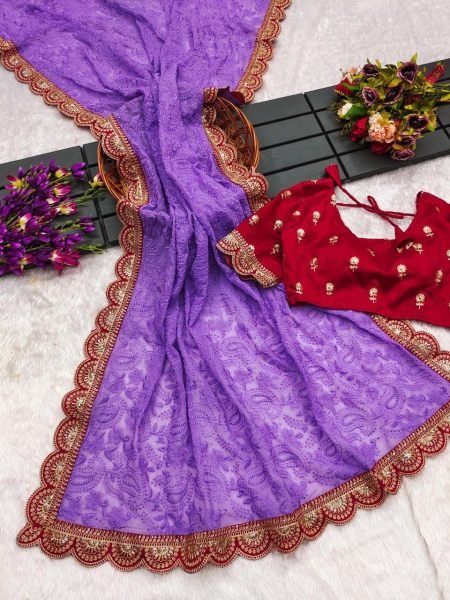 Beautiful Chikankari Embroidery Sequins Work Georgette Saree Georgette Sarees Wholesale