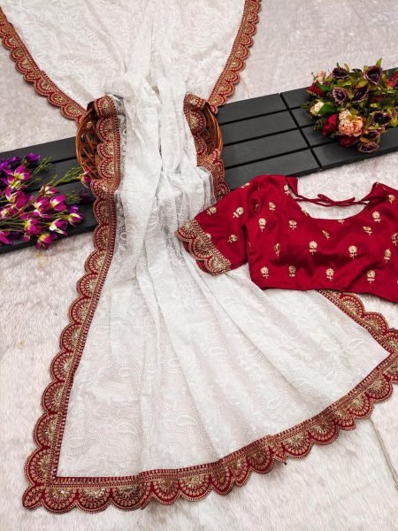Beautiful Chikankari Embroidery Sequins Work Georgette Saree Georgette Sarees Wholesale