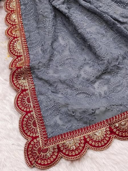 Beautiful Chikankari Embroidery Sequins Work Georgette Saree Georgette Sarees Wholesale