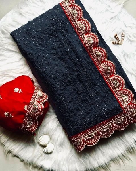 Beautiful Chikankari Embroidery Sequins Work Georgette Saree Georgette Sarees Wholesale