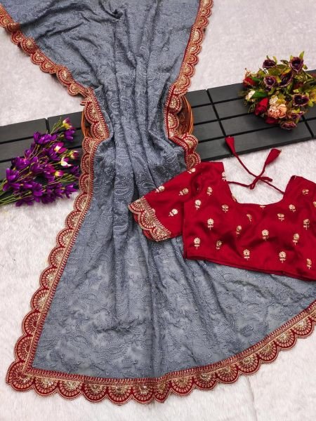 Beautiful Chikankari Embroidery Sequins Work Georgette Saree Georgette Sarees Wholesale