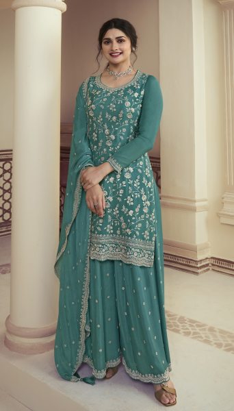 Beautiful Chinon Embroidered Work Sharara Suits Collection  Designer Plazzo Salwar Suits Wholesale