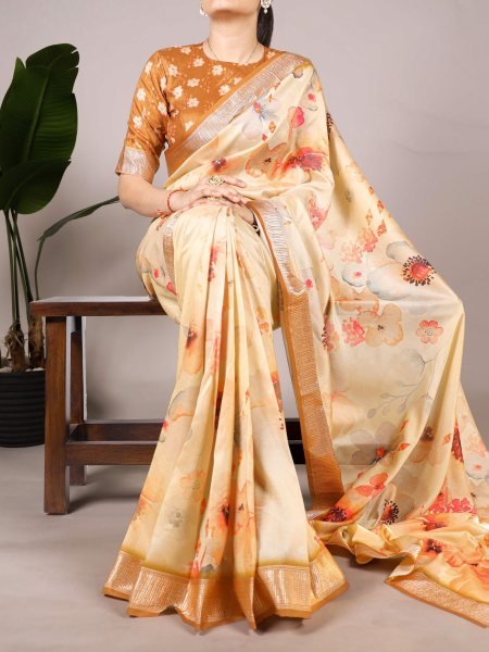 Beautiful Cream Color Tussar Silk With Viscos Border Floral Printed Saree 