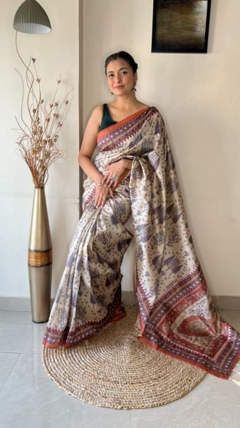 Beautiful Cream Soft Silk Saree with Kalamkari Prints Silk Sarees Wholesale