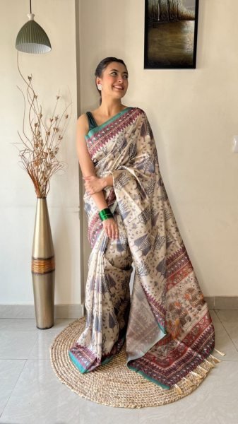 Beautiful Cream Soft Silk Saree with Kalamkari Prints Silk Sarees Wholesale