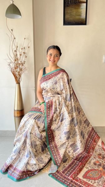 Beautiful Cream Soft Silk Saree with Kalamkari Prints Silk Sarees Wholesale