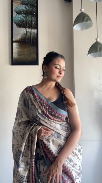 Beautiful Cream Soft Silk Saree with Kalamkari Prints Silk Sarees Wholesale
