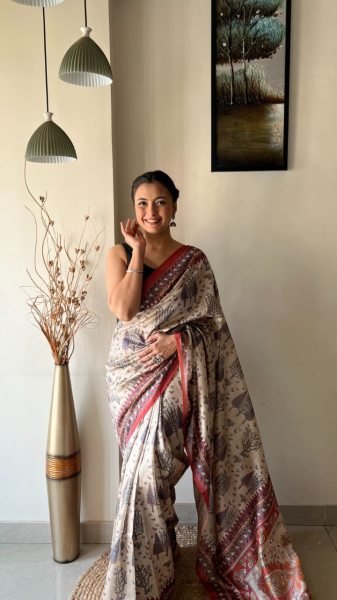 Beautiful Cream Soft Silk Saree with Kalamkari Prints Silk Sarees Wholesale