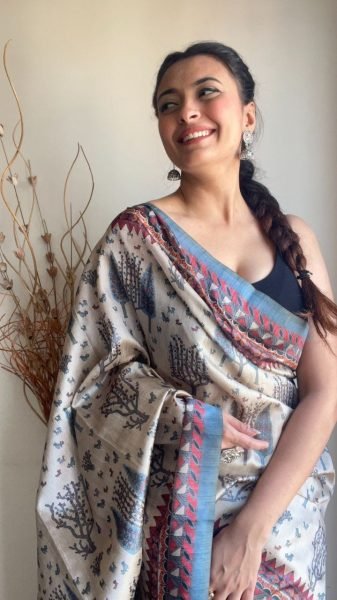 Beautiful Cream Soft Silk Saree with Kalamkari Prints Silk Sarees Wholesale