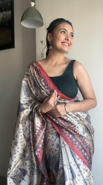 Beautiful Cream Soft Silk Saree with Kalamkari Prints Silk Sarees Wholesale