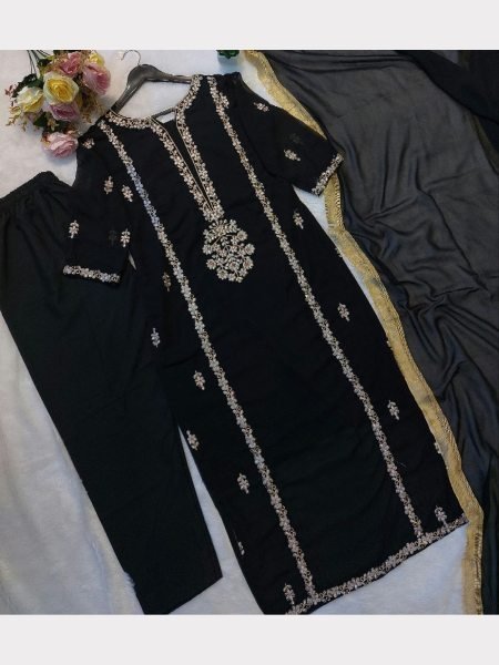 Beautiful Designer Black 3 piece set with Heavy Embroidery Ready To Wear Collection