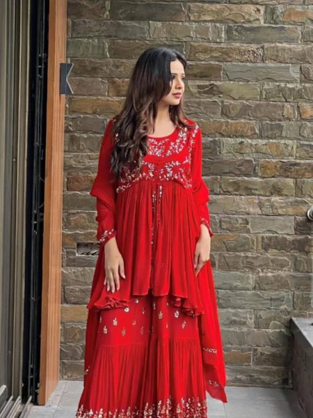 Beautiful Designer Faux Georgette Red Sharara set with Embroidery work  Salwar Kameez