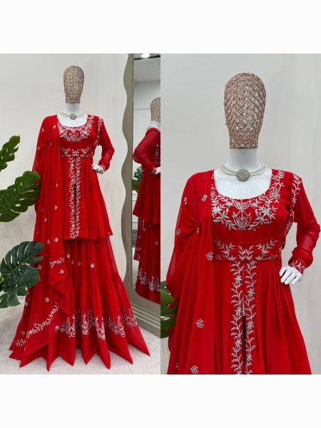 Beautiful Designer Faux Georgette Red Sharara set with Embroidery work  Sharara Set