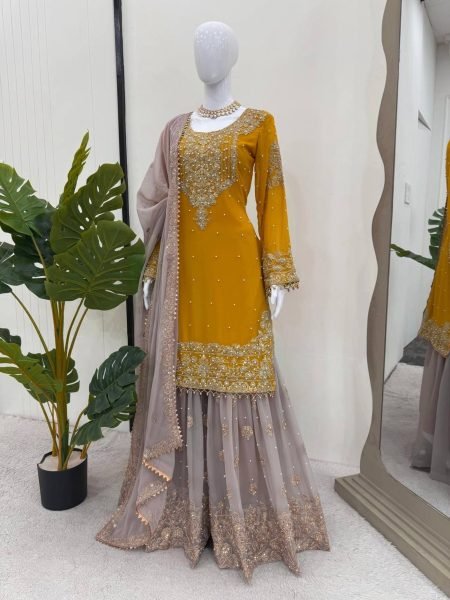 Beautiful  Designer faux Georgette Sequence yellow  Sharara set with Dupatta  Sharara Set