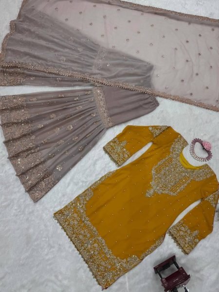 Beautiful  Designer faux Georgette Sequence yellow  Sharara set with Dupatta  Sharara Set