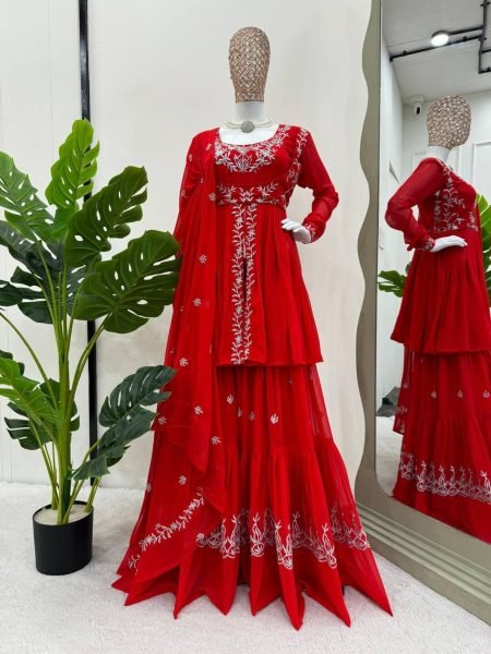 Beautiful Designer Faux Georgette Red Sharara set with Embroidery work  Sharara Set