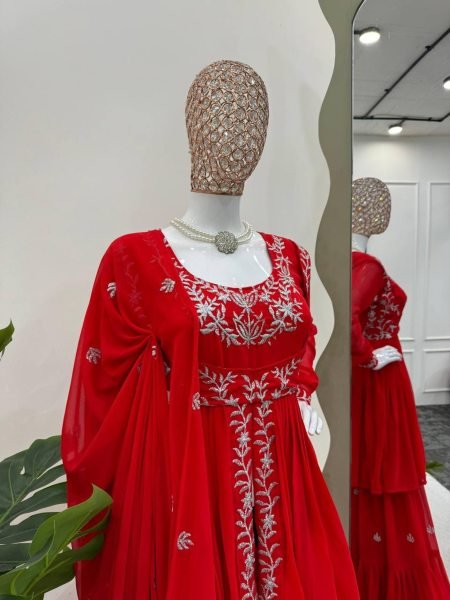 Beautiful Designer Faux Georgette Red Sharara set with Embroidery work  Sharara Set