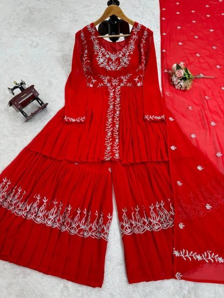 Beautiful Designer Faux Georgette Red Sharara set with Embroidery work  Sharara Set