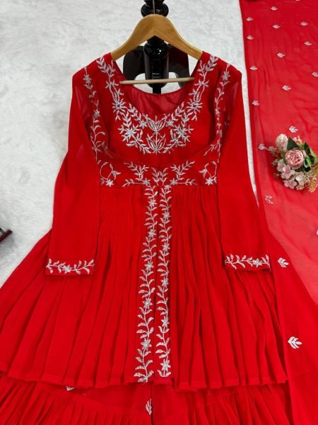 Beautiful Designer Faux Georgette Red Sharara set with Embroidery work  Sharara Set