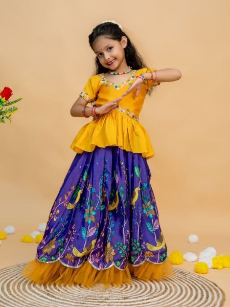 Beautiful Designer Jamuni-Yellow & Sky-Rani Kids Lehenga-Choli Kurtis