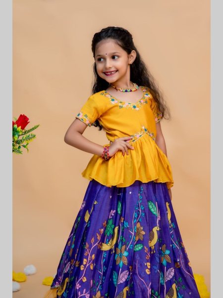 Beautiful Designer Jamuni Yellow   Sky Rani Kids Lehenga Choli Girls Wear