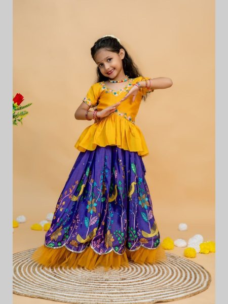 Beautiful Designer Jamuni Yellow   Sky Rani Kids Lehenga Choli Girls Wear