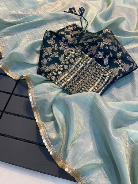  Beautiful Designer Saree on Heavy Pure Tissue Crush Silk Febric With Fancy Lace Silk Sarees Wholesale