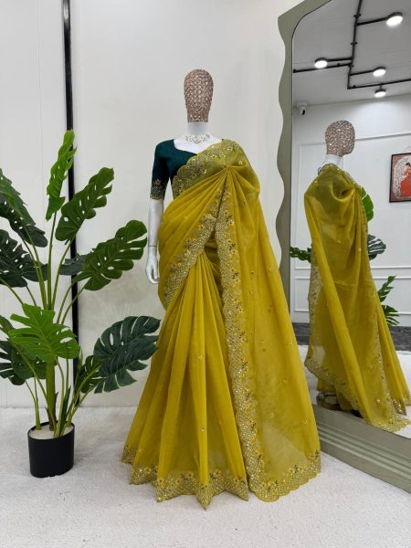 Beautiful Designer Yellow silk Saree With Mono Benglori Blouse Silk Sarees Wholesale