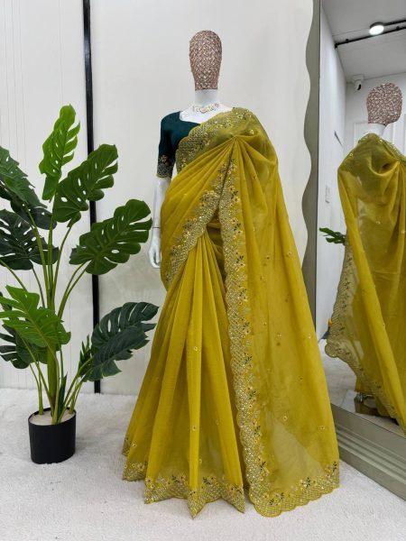 Beautiful Designer Yellow silk Saree With Mono Benglori Blouse Silk Sarees Wholesale