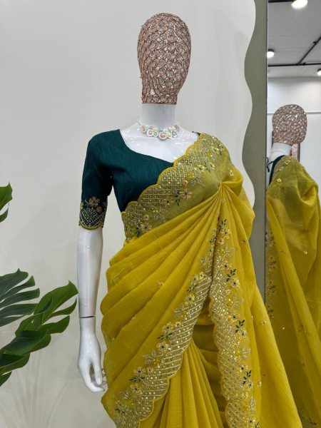 Beautiful Designer Yellow silk Saree With Mono Benglori Blouse Silk Sarees Wholesale