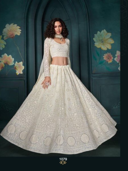 White Beautiful Designs Of Lehenga With Heavy Embroiedery Work Collection 