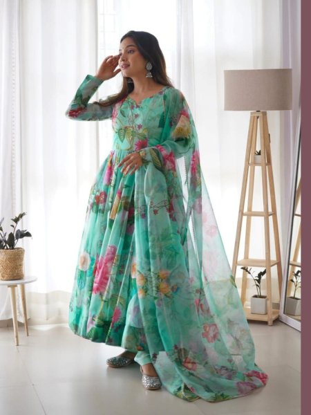 Beautiful Digital Floral Printed Anarkali Kurti with Tebby Silk Organza Dupatta  Kurtis