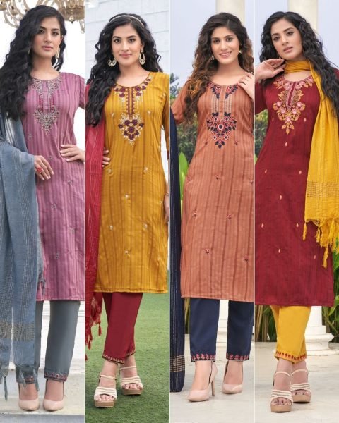Beautiful Dobby Rayon Embroidery Work Kurti Pant Set  3 Piece Kurti Set