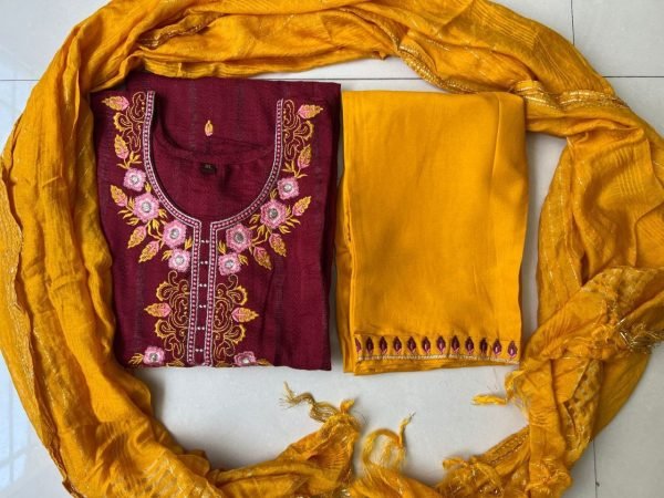 Beautiful Dobby Rayon Embroidery Work Kurti Pant Set  3 Piece Kurti Set