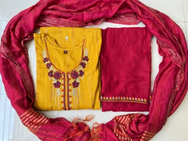 Beautiful Dobby Rayon Embroidery Work Kurti Pant Set  3 Piece Kurti Set