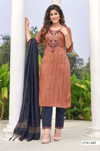 Beautiful Dobby Rayon Embroidery Work Kurti Pant Set  3 Piece Kurti Set