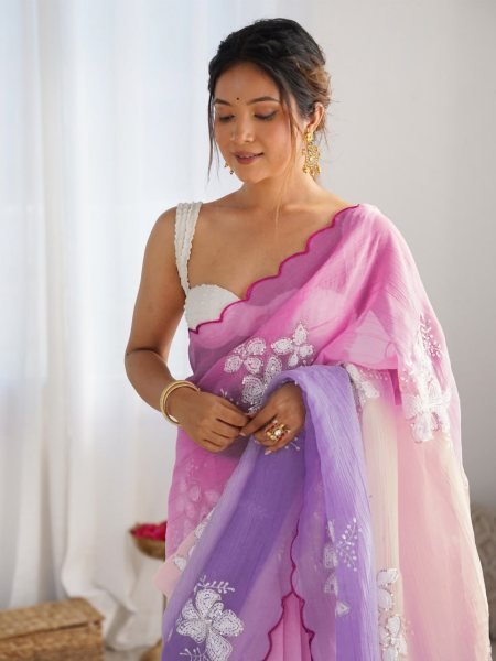 Beautiful Embroidered Crush Silk Saree Latest Export Collection Embroidery Sarees Wholesale