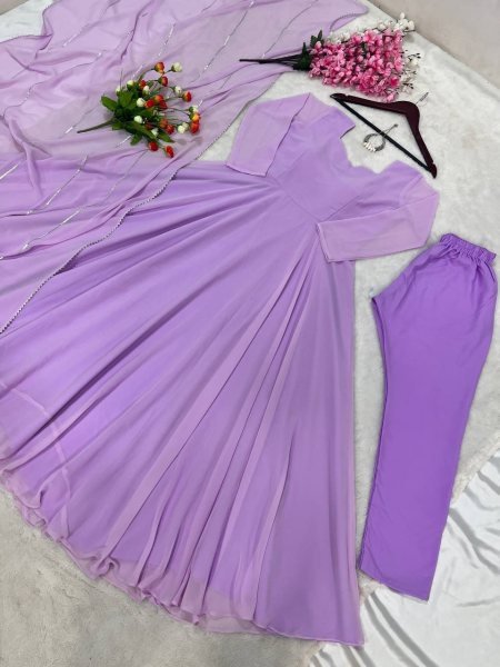 Beautiful Faux Georgette Gown Pant   Dupatta 3 Piece Kurti Set