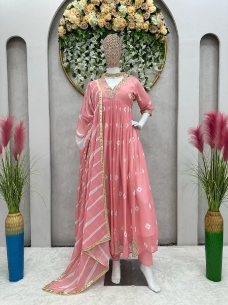 Beautiful Faux Georgette Gown Pant   Dupatta  3 Piece Kurti Set