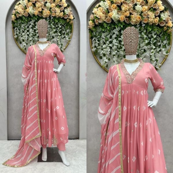 Beautiful Faux Georgette Gown Pant   Dupatta  3 Piece Kurti Set