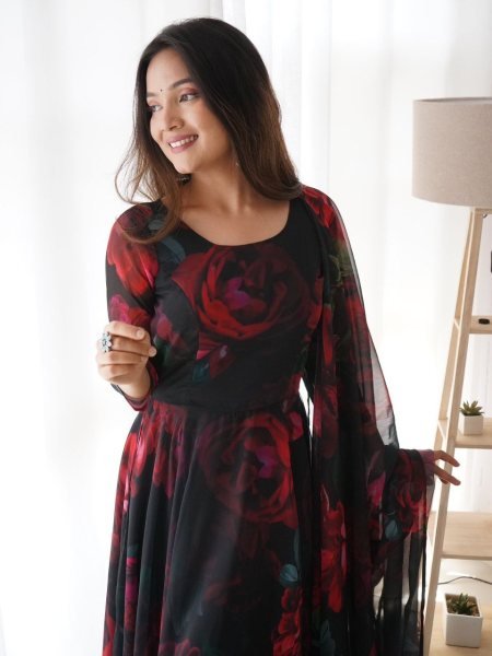 Beautiful Flower Printed Georgette Gown Pant with Dupatta 3 Piece Kurti Set