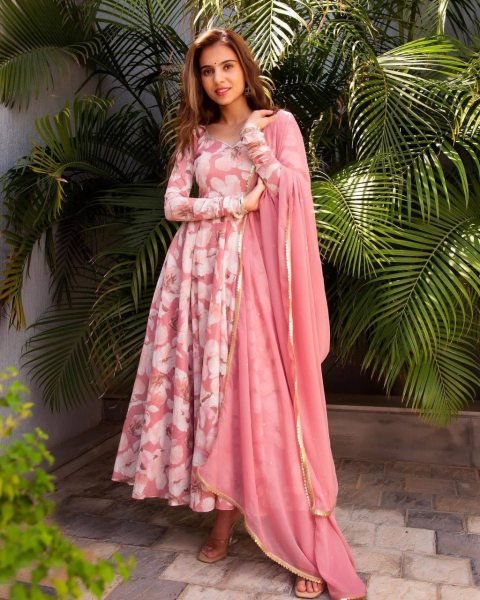Beautiful Flower Printed Georgette Gown Pant With Dupatta 3 Piece Kurti Set