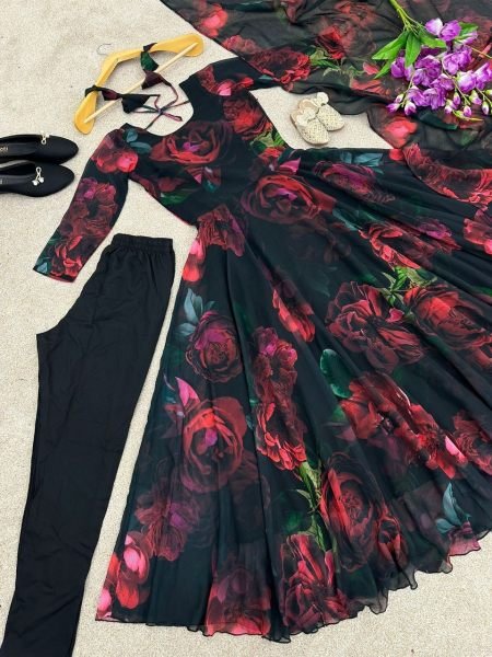 Beautiful Flower Printed Georgette Gown Pant with Dupatta 3 Piece Kurti Set