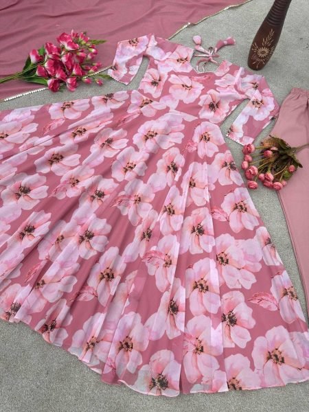 Beautiful Flower Printed Georgette Gown Pant With Dupatta 3 Piece Kurti Set