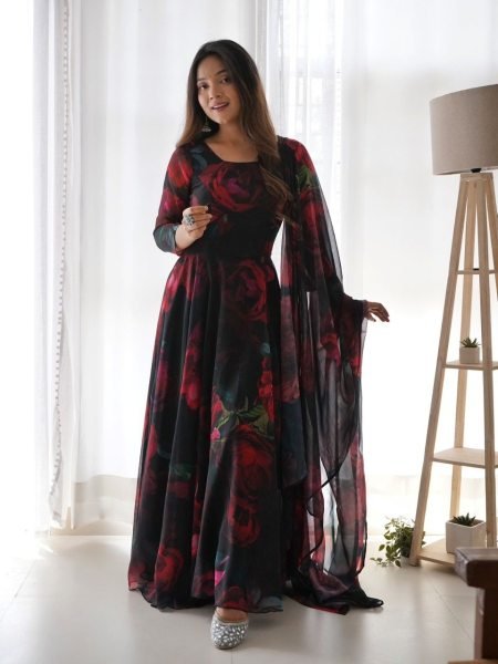Beautiful Flower Printed Georgette Gown Pant with Dupatta 3 Piece Kurti Set
