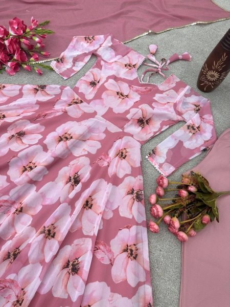 Beautiful Flower Printed Georgette Gown Pant With Dupatta 3 Piece Kurti Set