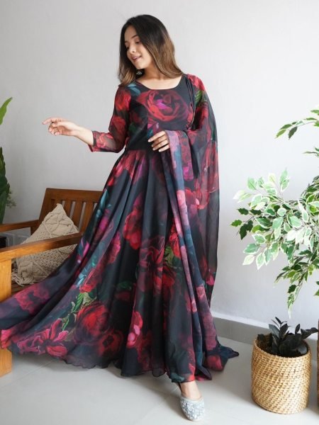 Beautiful Flower Printed Georgette Gown Pant with Dupatta 3 Piece Kurti Set
