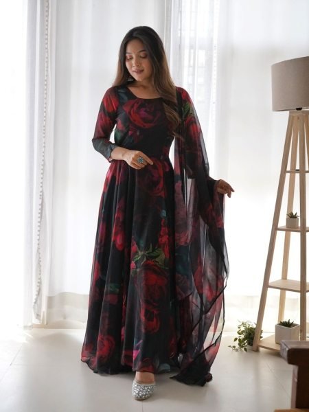 Beautiful Flower Printed Georgette Gown Pant with Dupatta 3 Piece Kurti Set