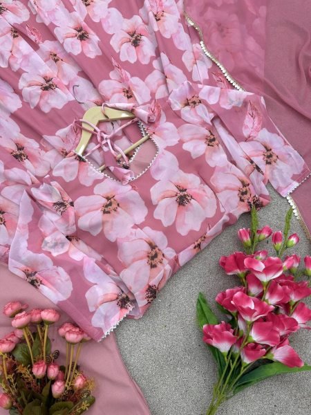 Beautiful Flower Printed Georgette Gown Pant With Dupatta 3 Piece Kurti Set