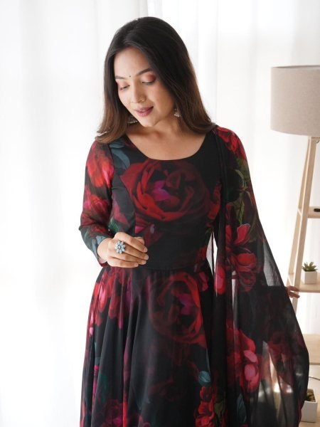 Beautiful Flower Printed Georgette Gown Pant with Dupatta 3 Piece Kurti Set